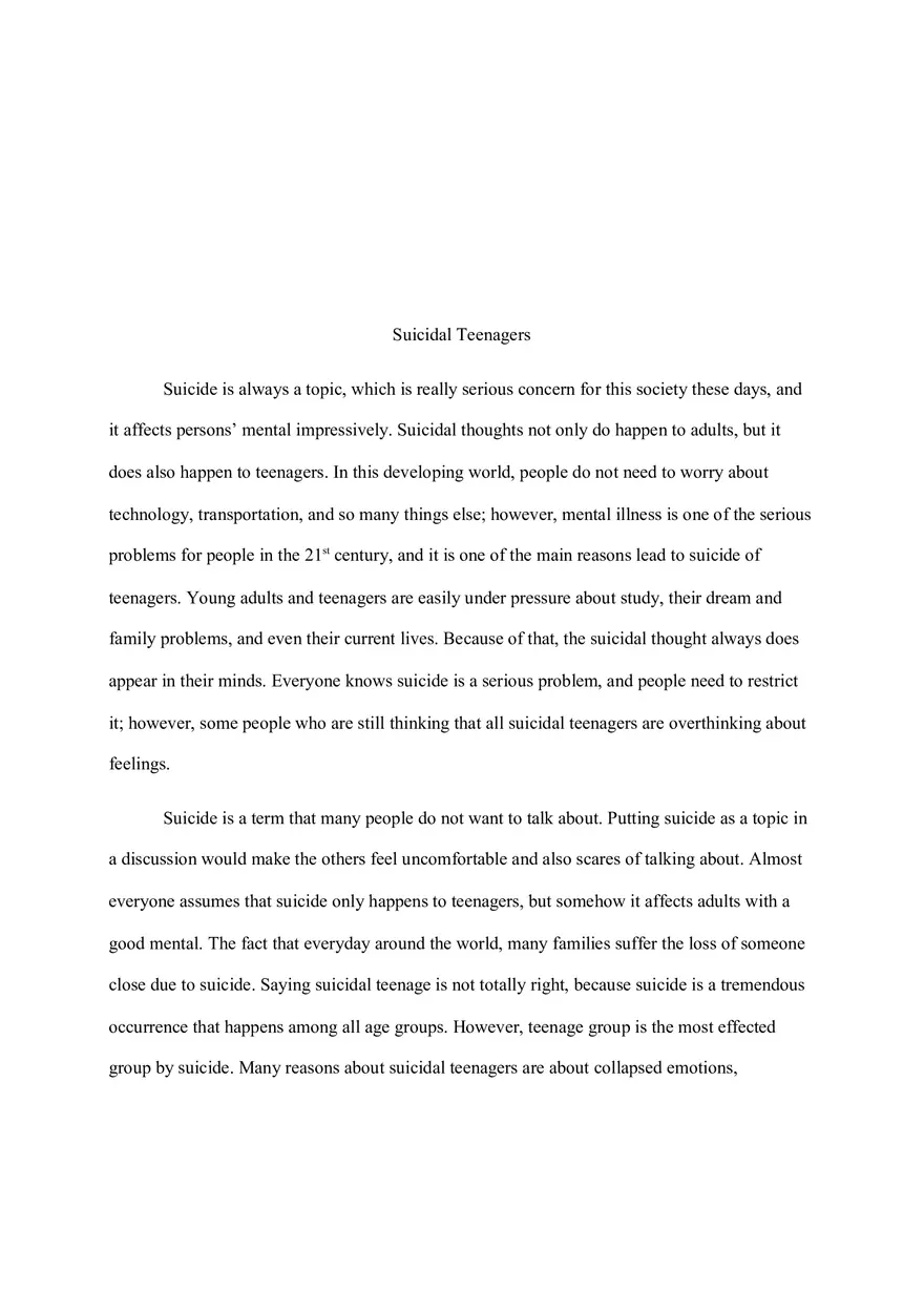 Suicidal Teenager Argumentative Essay - Page 1