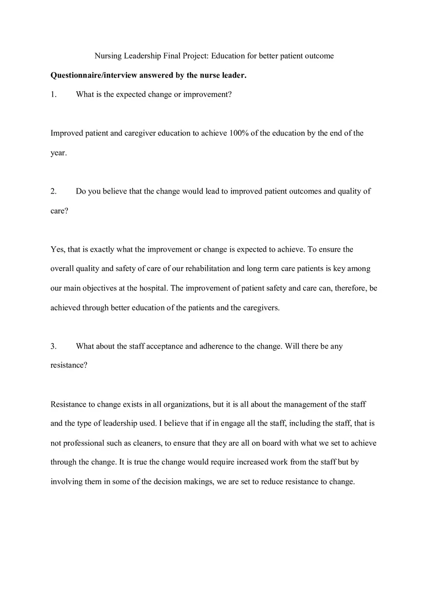 Nursing Leadership Final Project Education for Better Patient Outcome - Page 1