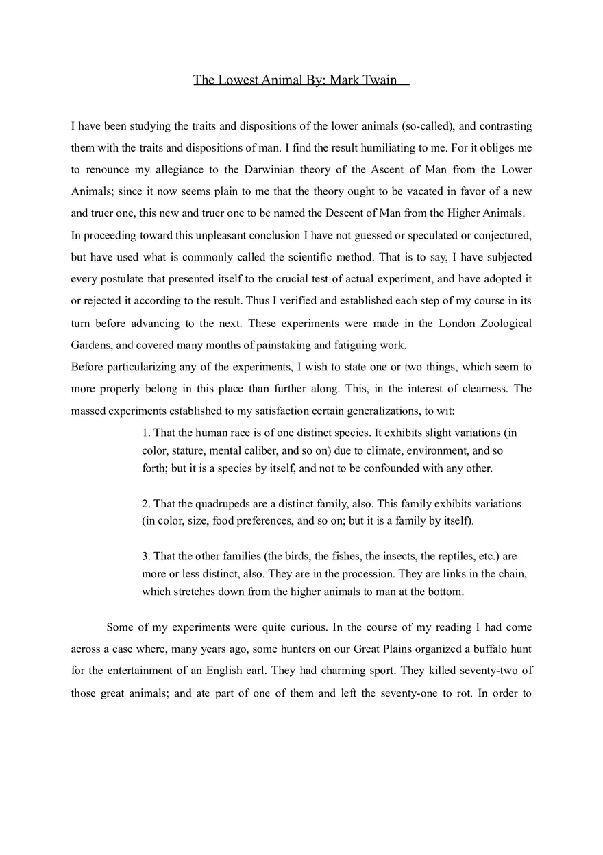 The Lowest Animal by Mark Twain - Page 1