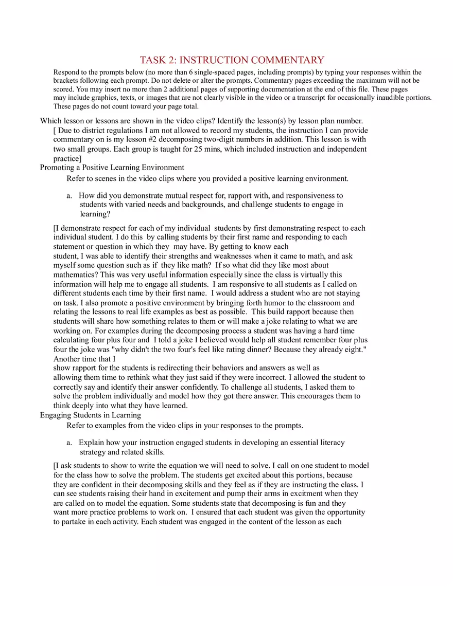 Elementary Education Literacy with Mathematics Task 4 Commentary Final - Page 1