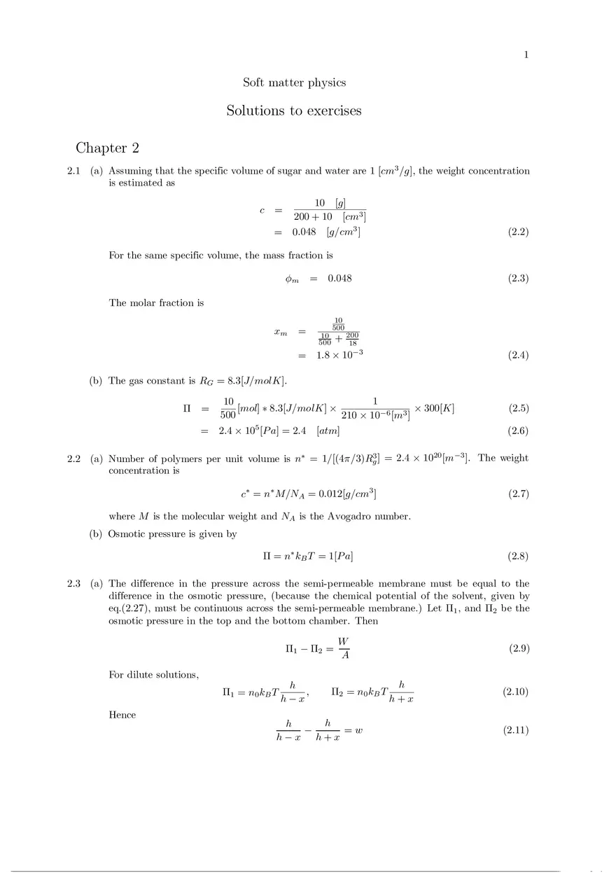 Soft Matter Physics - Solutions to Exercises Part 1 - Page 1