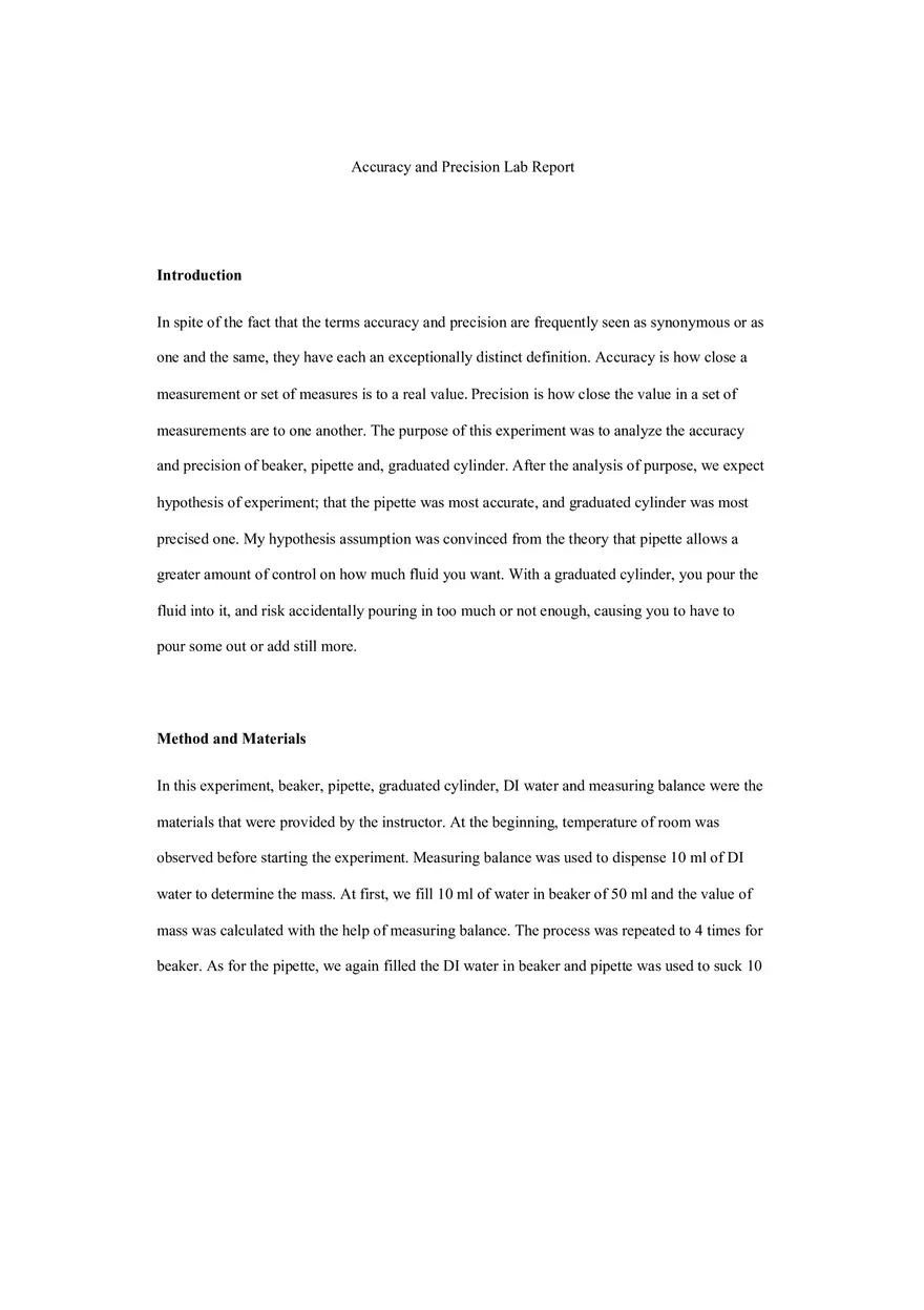 Accuracy and Precision Lab Report - Page 1