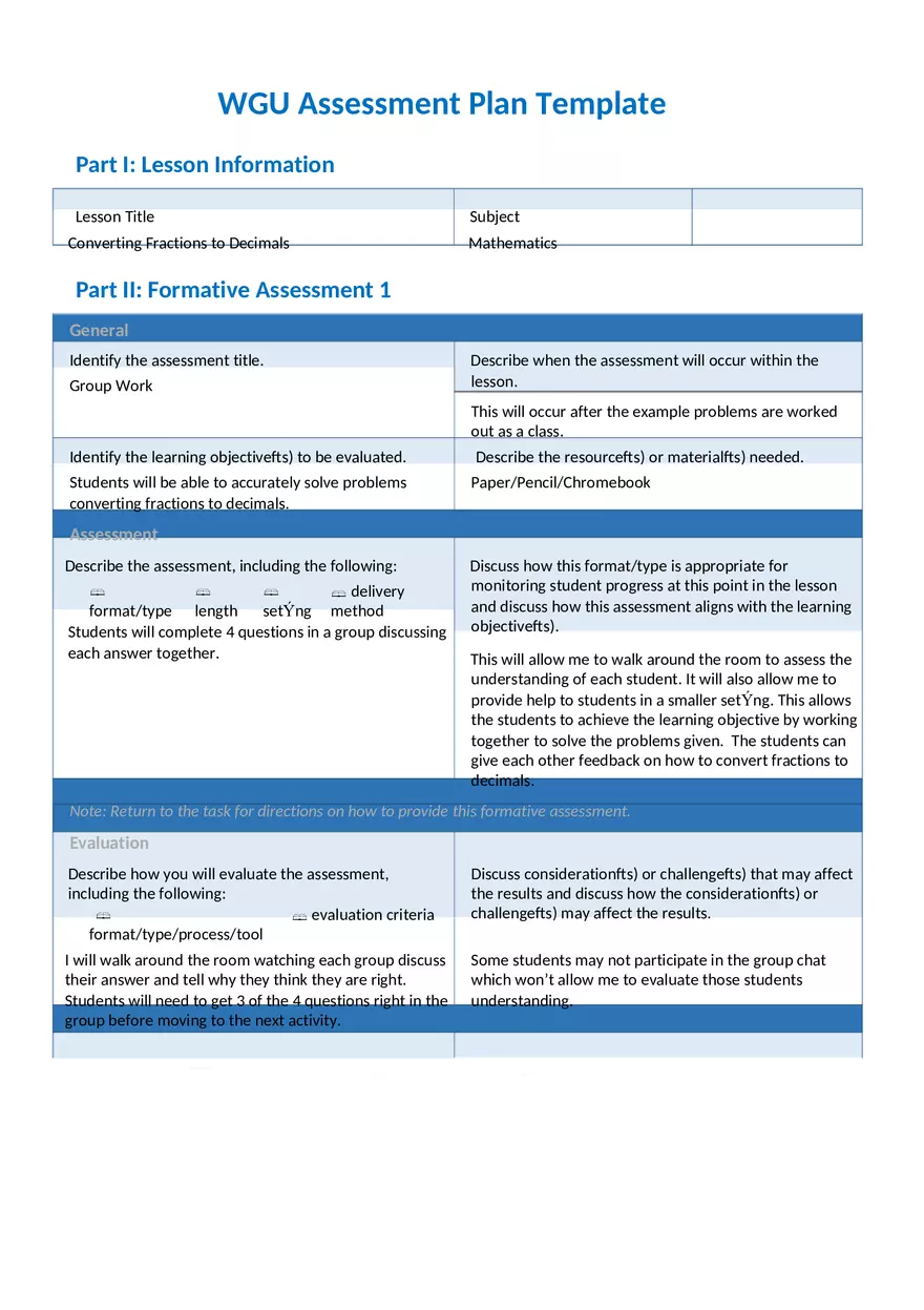 Converting Fractions to Decimals - Assessment Plan Template - Page 1