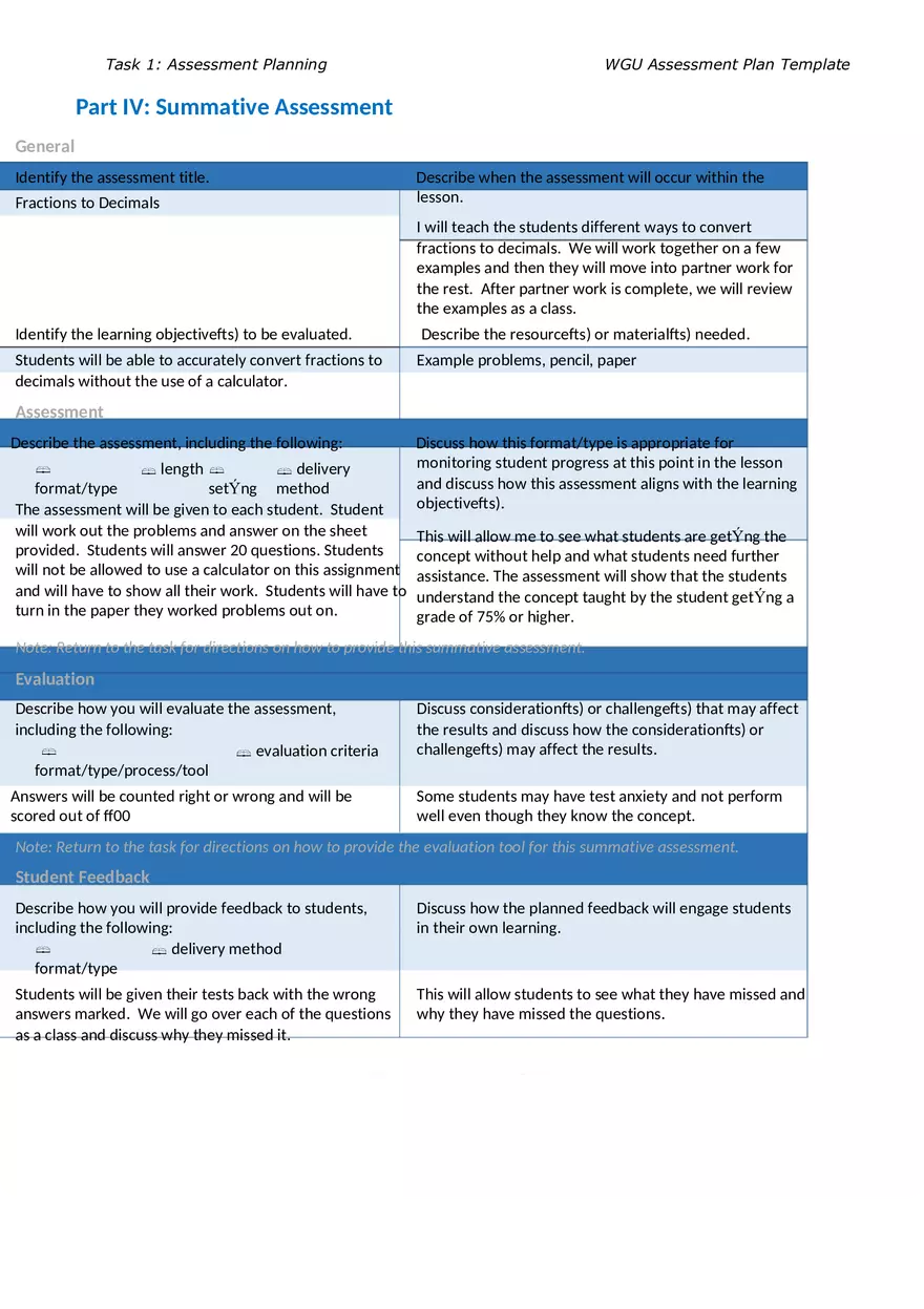 Converting Fractions to Decimals - Assessment Plan Template - Page 4