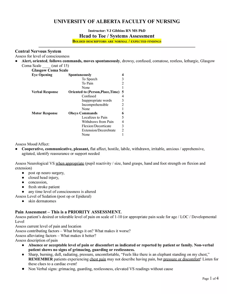 Head to Toe Shift Assessment - Page 1