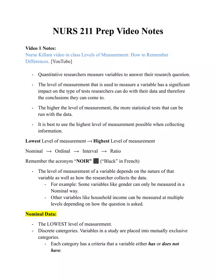 NURS 211 Prep Video 1 Notes - Page 1