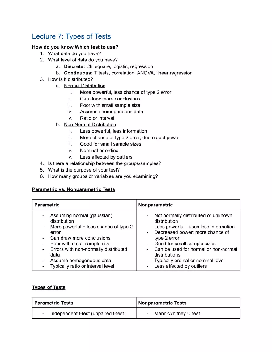 Statistics Lecture 7: Types of Tests - Page 1