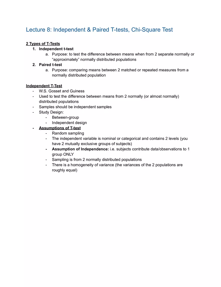 Statistics Lecture 8: Independent & Paired T-tests - Page 1