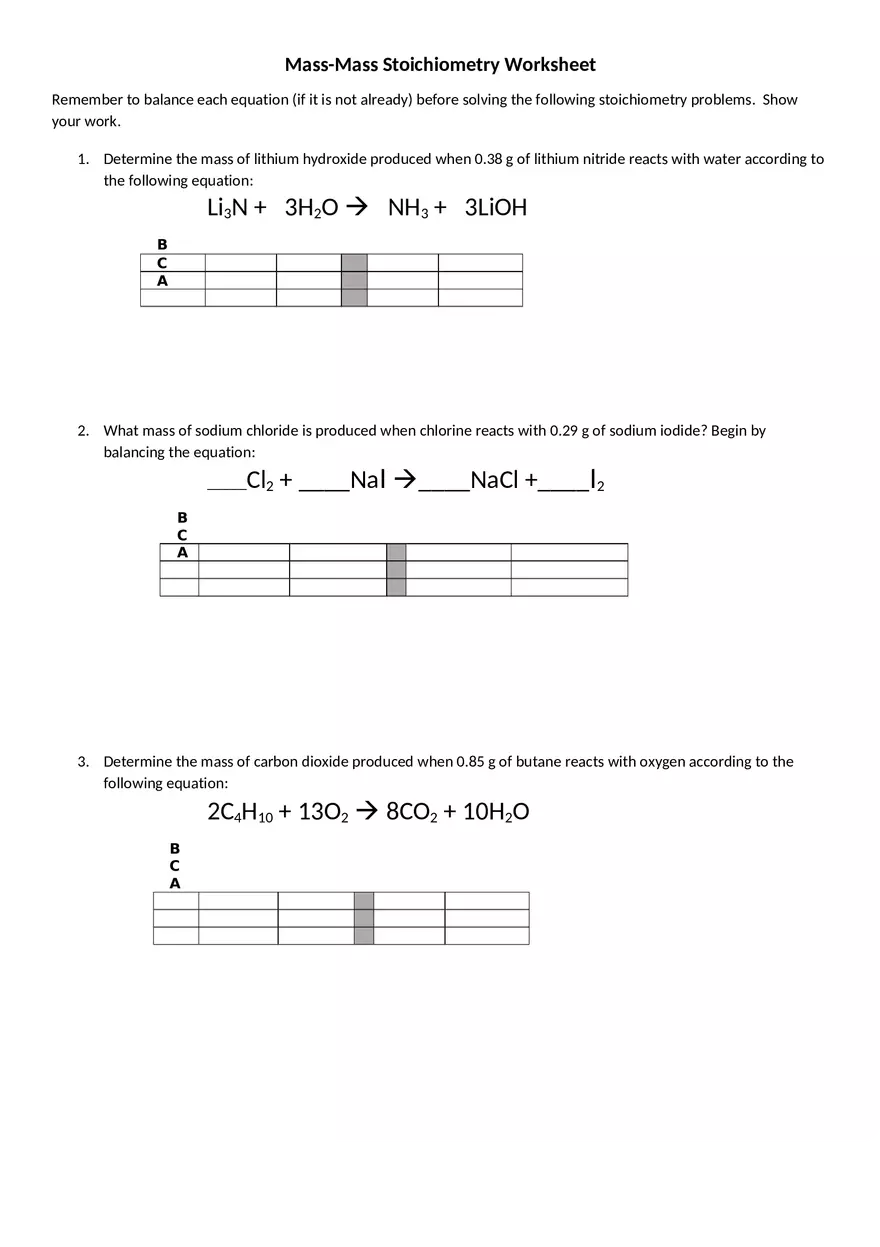 Mass-Mass Stoich Worksheet (11-2 With Equations) - Page 1