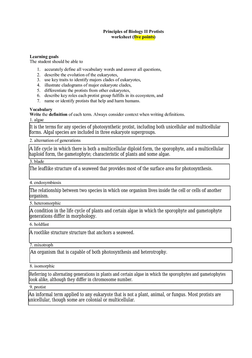 Principles of Biology II Protists Worksheet (Five Points) - Page 1