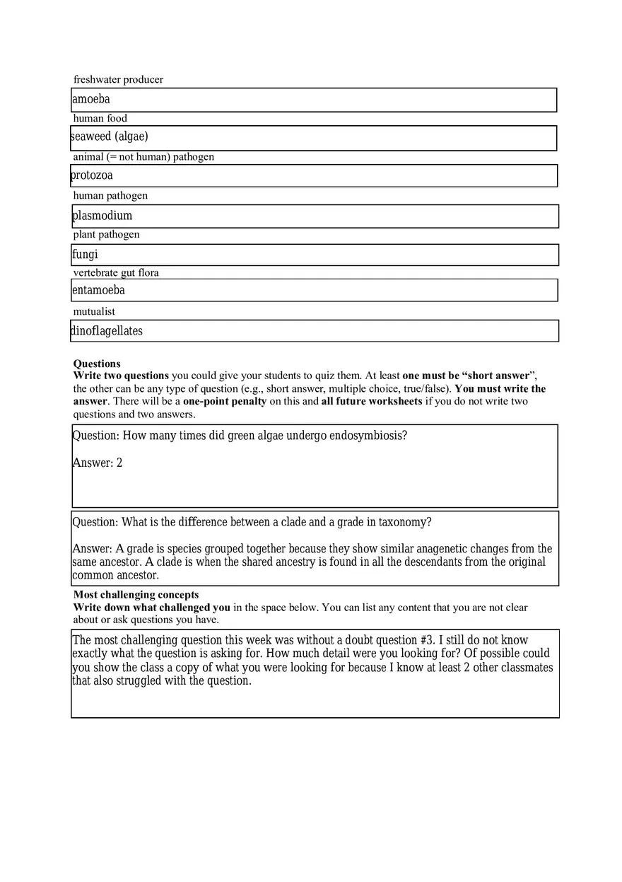 Principles of Biology II Protists Worksheet (Five Points) - Page 4