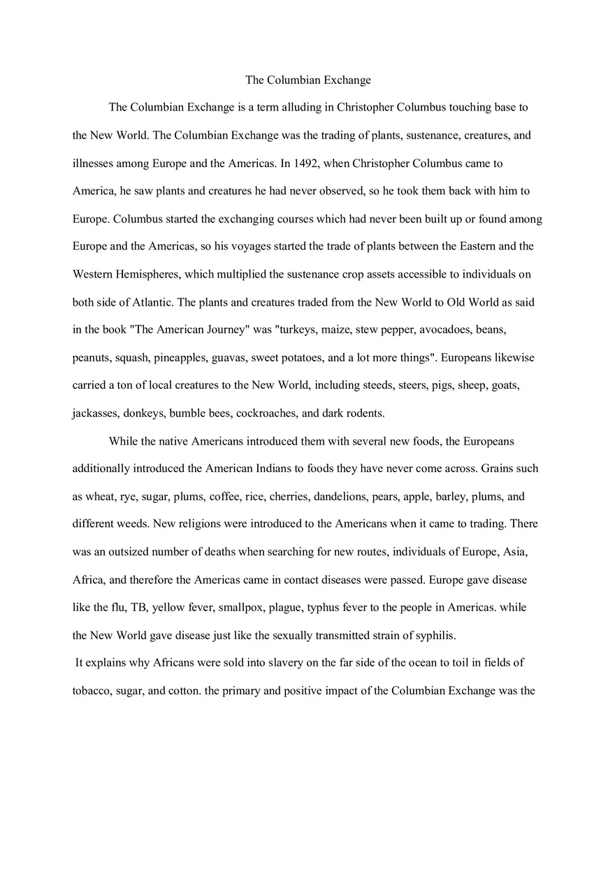 Columbian Exchange Essay - Assignment - Page 1