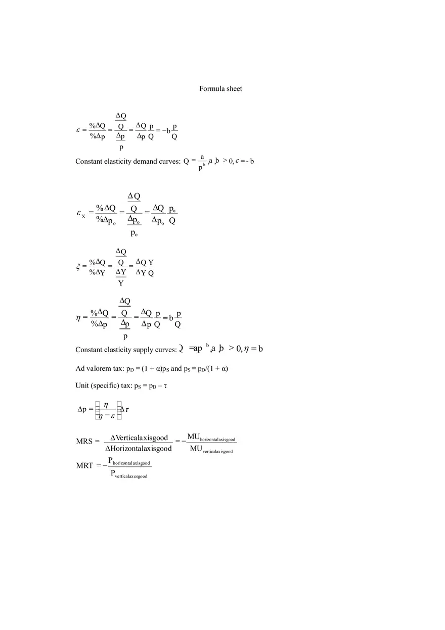 Intermediate Microeconomics Formula Sheet Final - Page 1