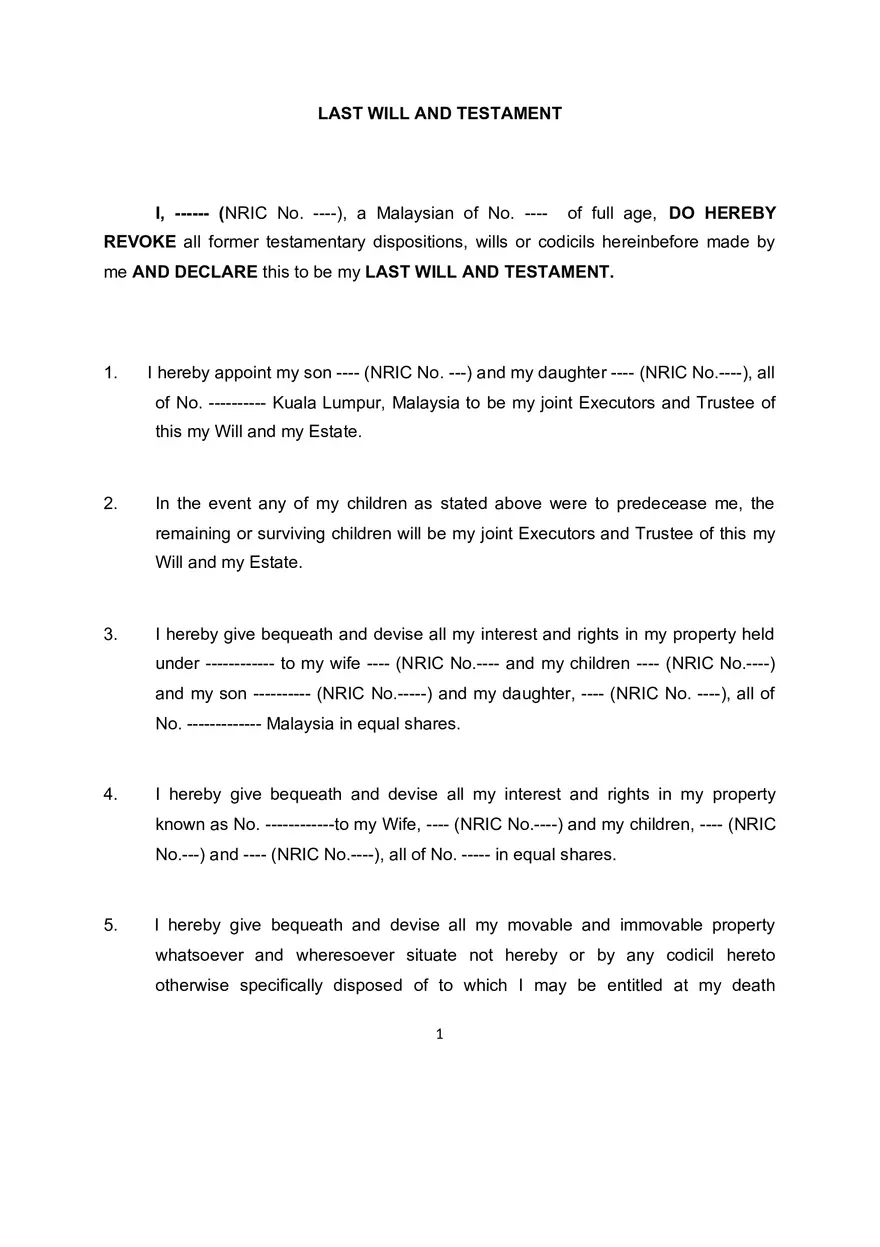 Sample and Format for Writing a Will Drafting - Page 1