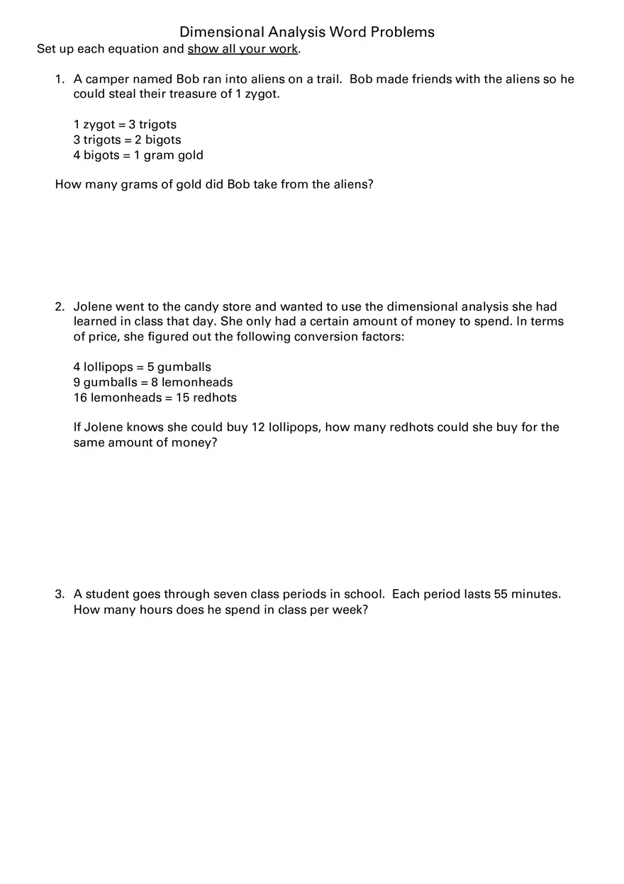 Dimensional Analysis Word Problems - Page 1