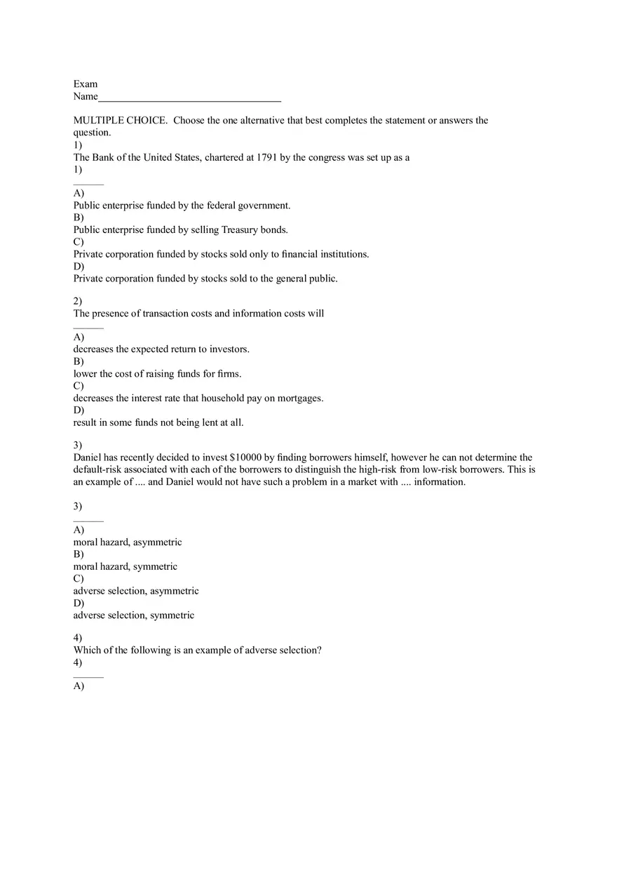 Exam About Money and Banking Answer Key - Page 1