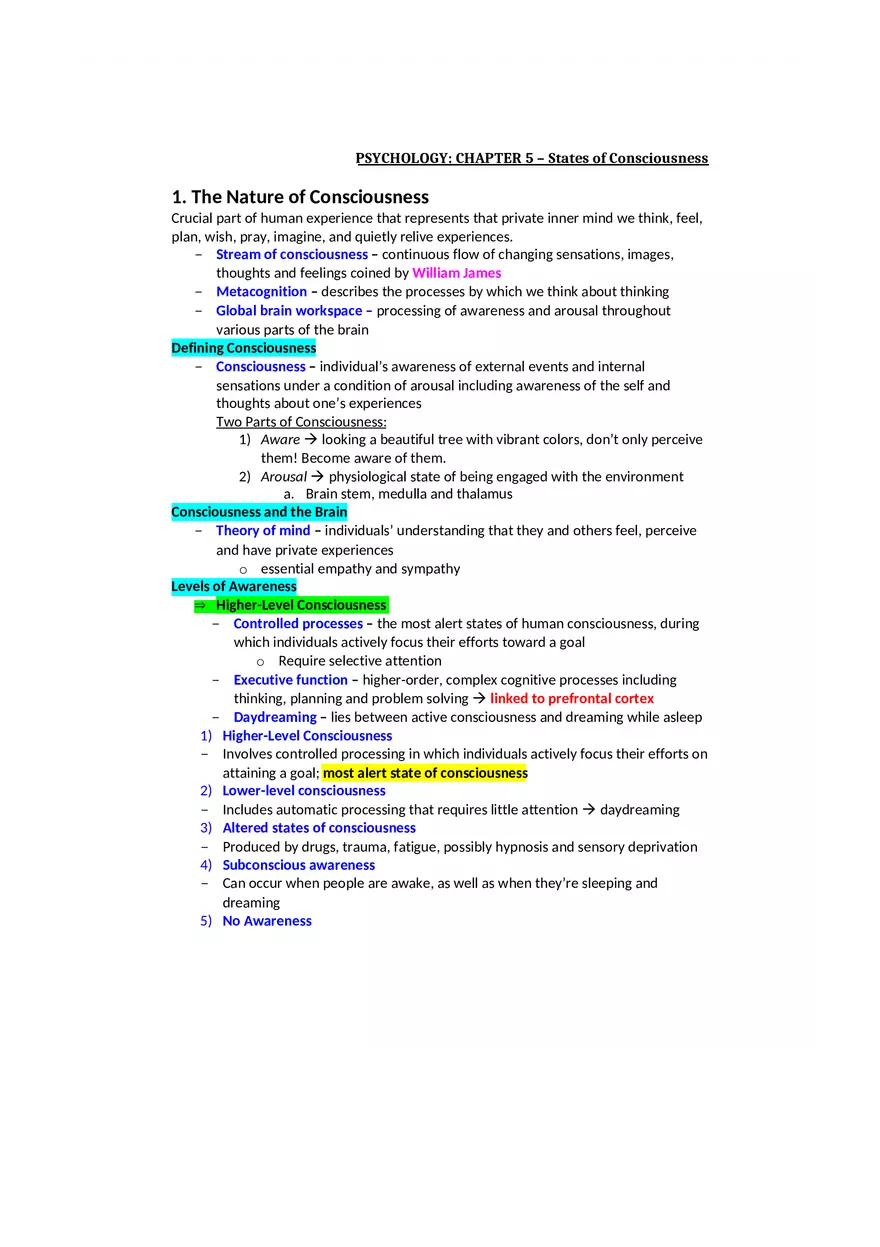 Psychology Notes - States of Consciousness - Page 1