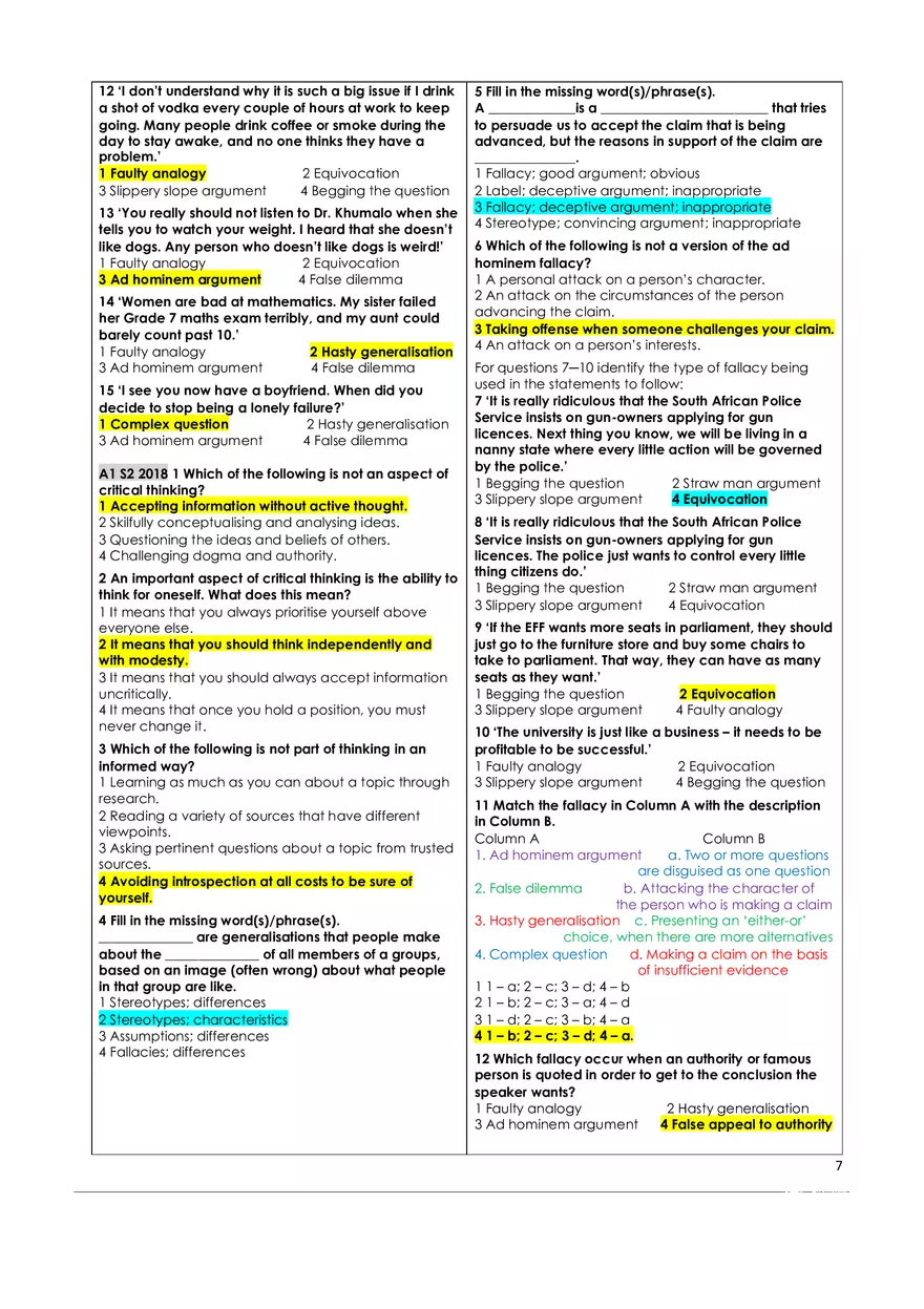 Critical Thinking Answer Key - Page 8