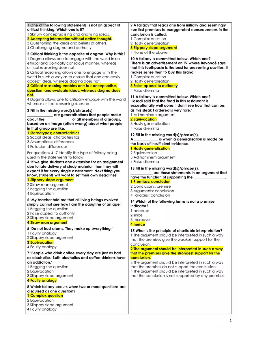 Critical Thinking Answer Key - Page 1