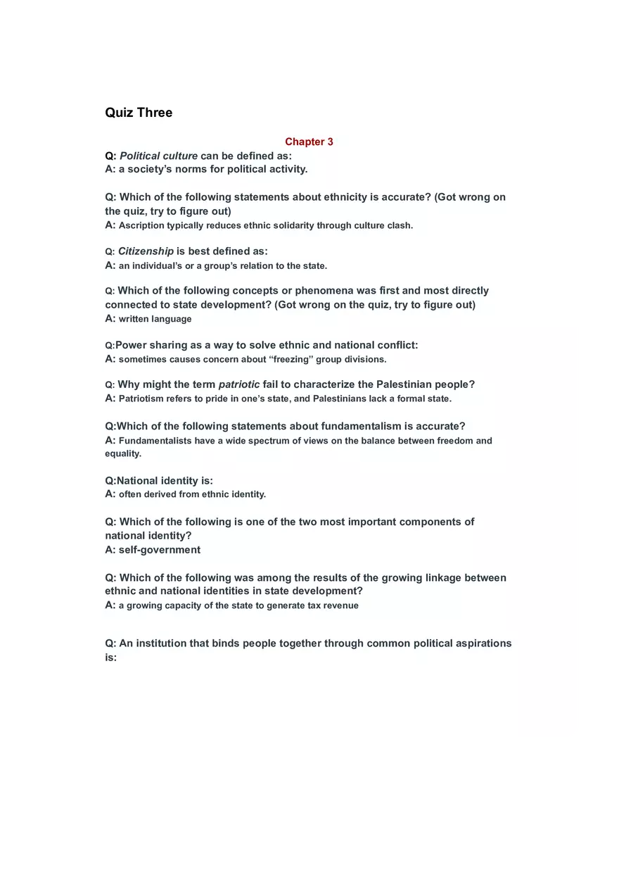 Comparative Politics Quiz Three Study Guide Notes - Page 1