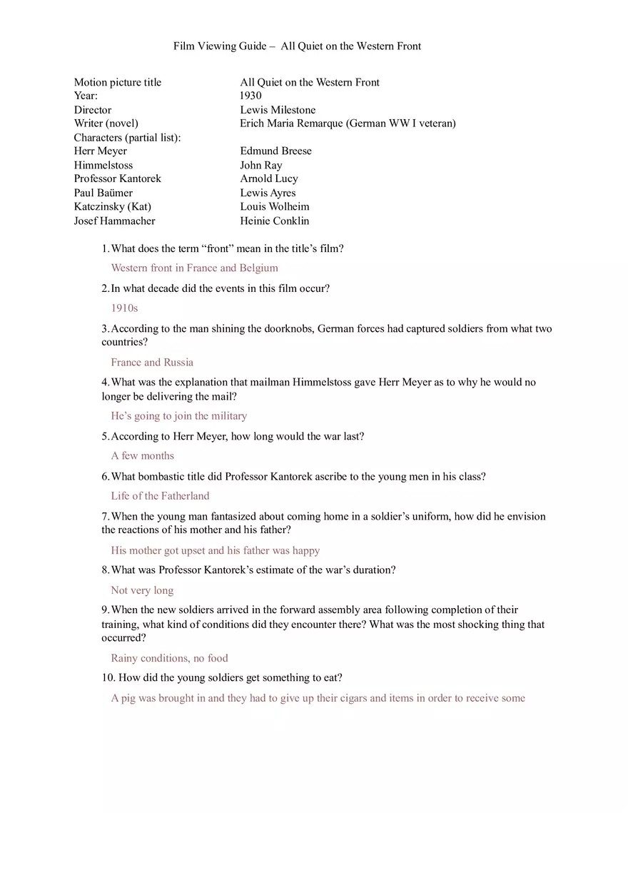 All Quiet on the Western Front Film Viewing Guide - Page 1