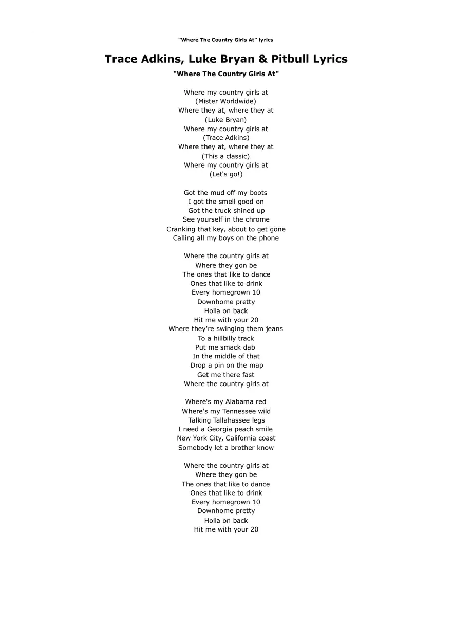 Trace Adkins, Luke Bryan and Pitbull - Where The Country Girls At Lyrics - Page 1
