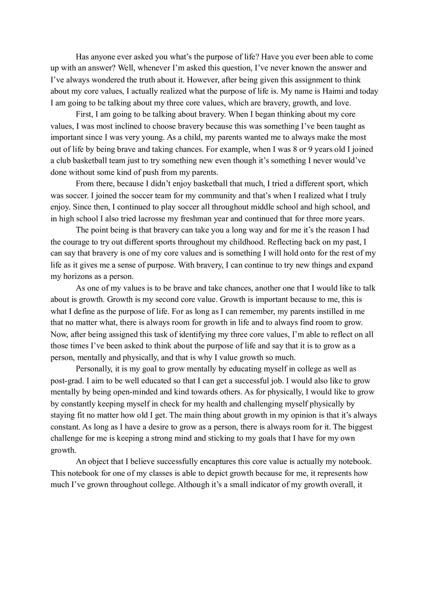 Speech (The Purpose of Life Through My Core Values Bravery, Growth, and Love) - Page 1