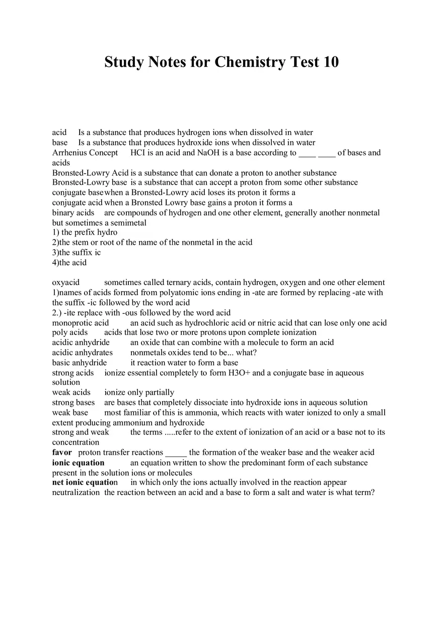 Study Notes for Chemistry Test 10 - Page 1