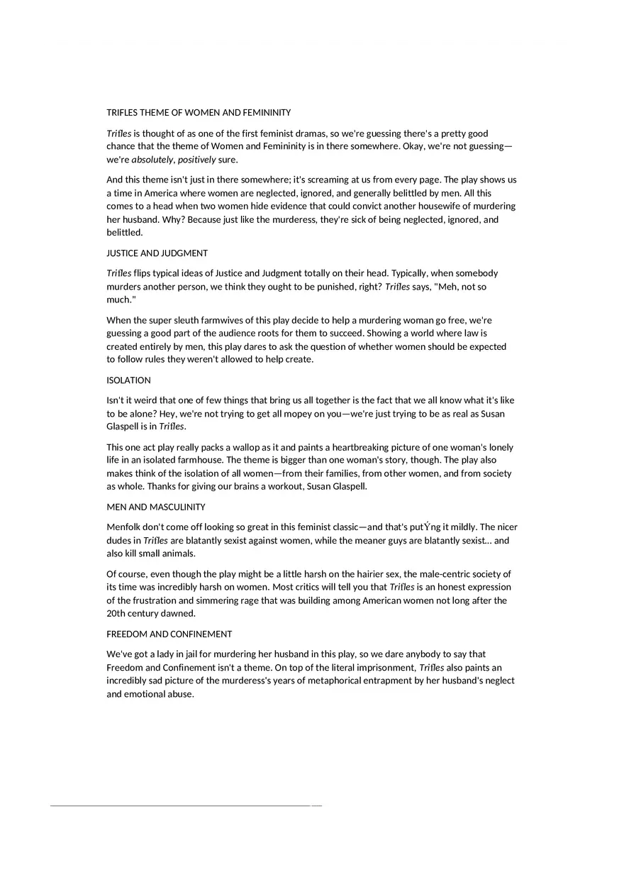 Trifles Theme of Women and Feminity - Summary - Page 1