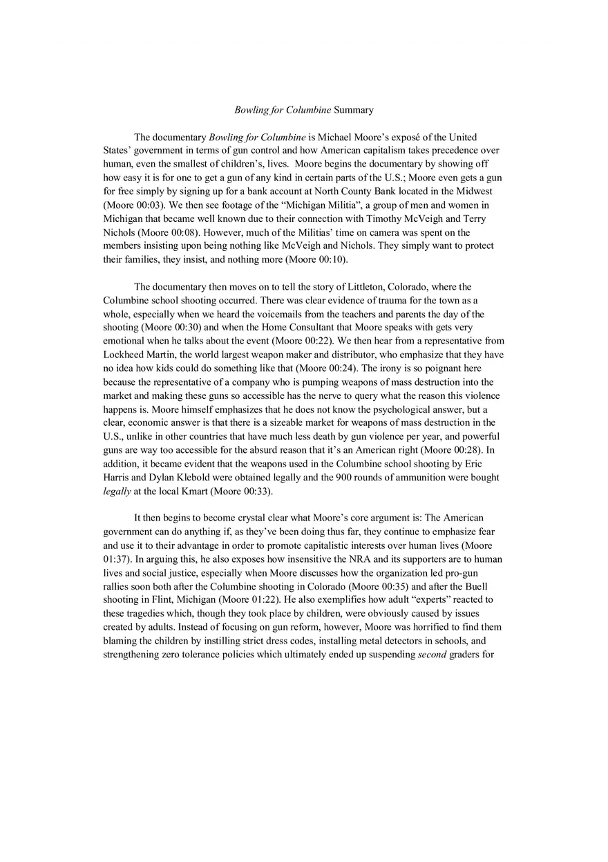Bowling for Columbine Summary - Page 1