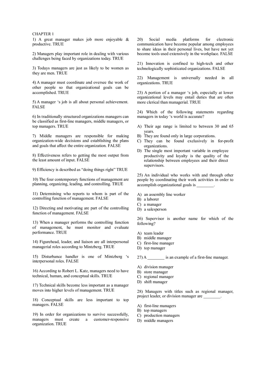 Fundamentals of Management - Roles and Functions Quiz - Page 1