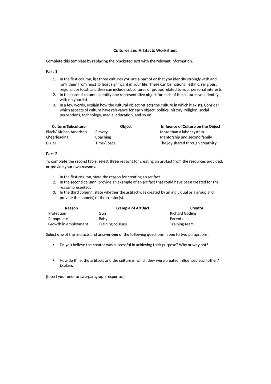 Cultures and Artifacts Worksheet - Page 1