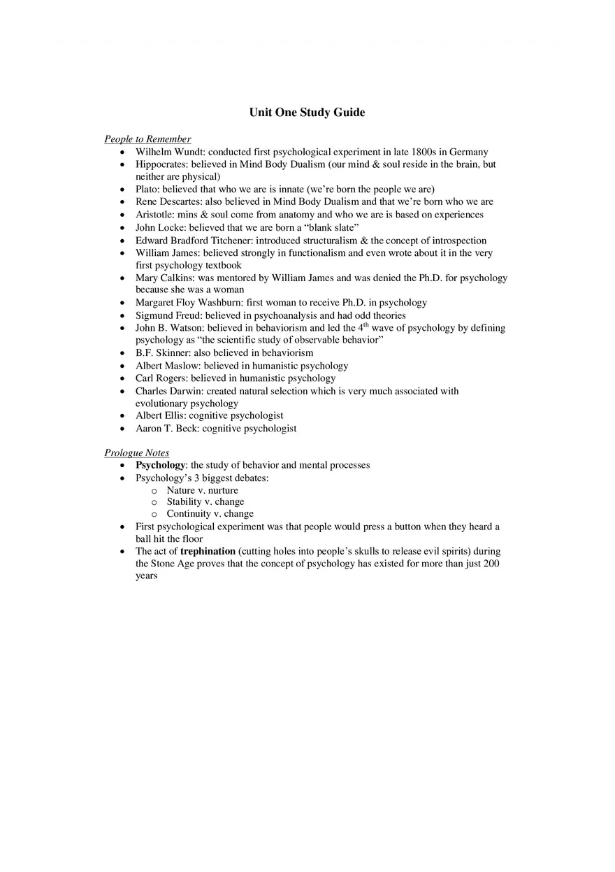 Psychology Unit 1 People to Remember - Page 1