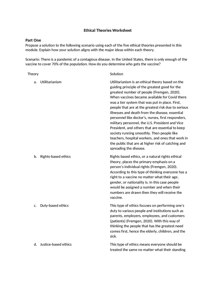 Worksheet - Ethical Theories and Models - Page 1