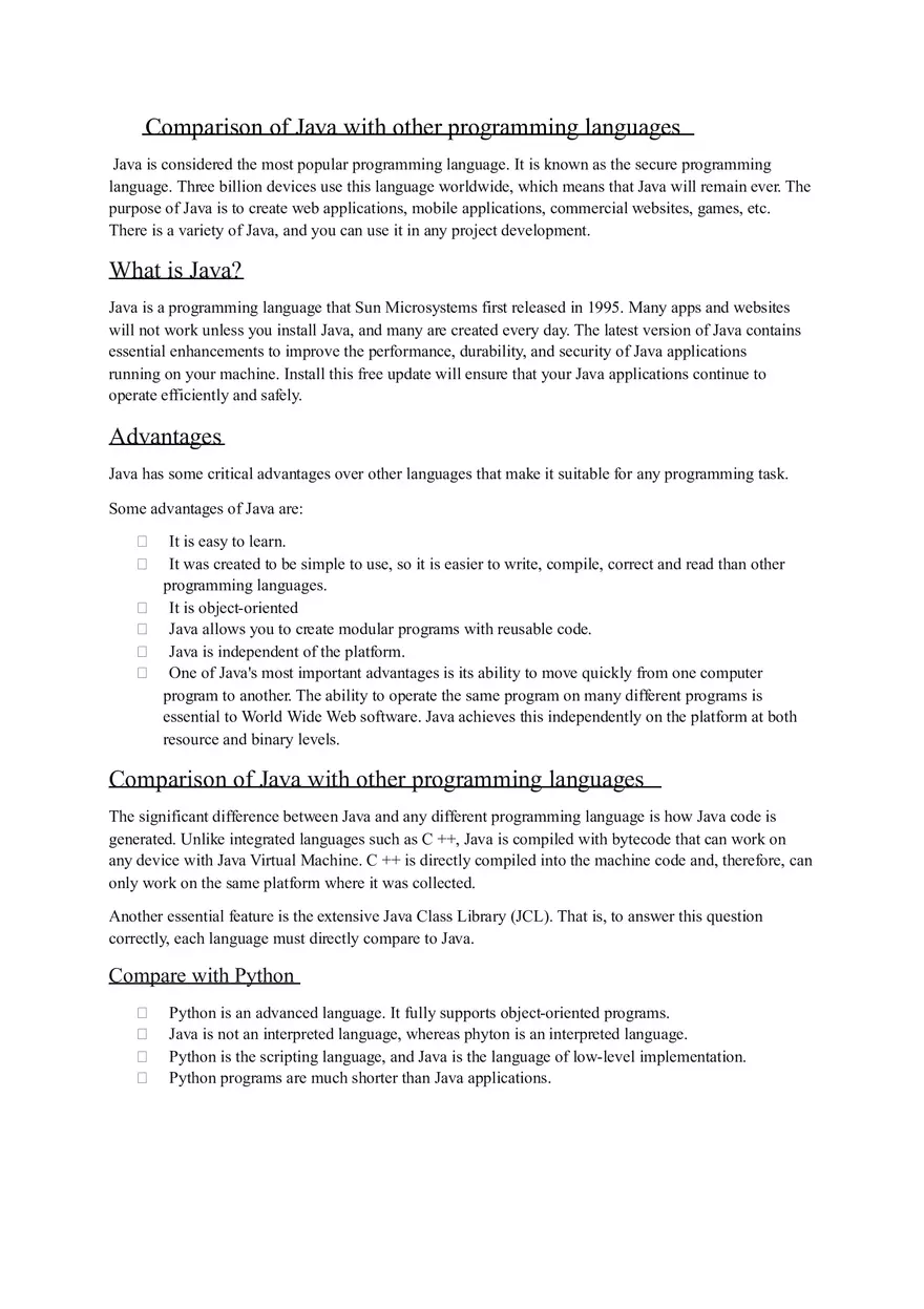 Comparison of JAVA with Other Programming Language - Page 1