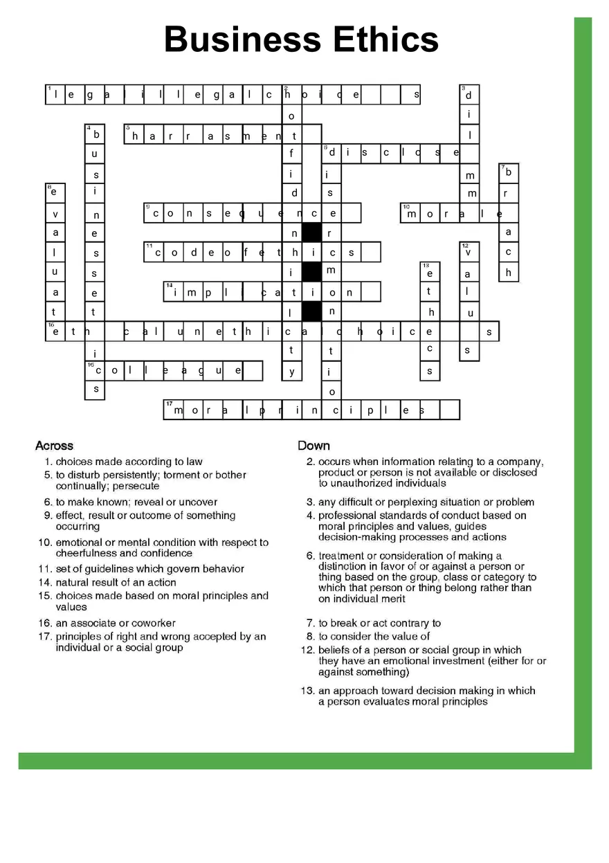Business Ethics Crossword Answer Key - Page 1