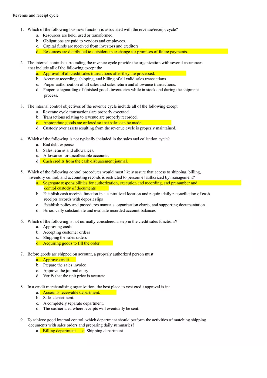 Revenue and Receipt Cycle Quiz - Page 1