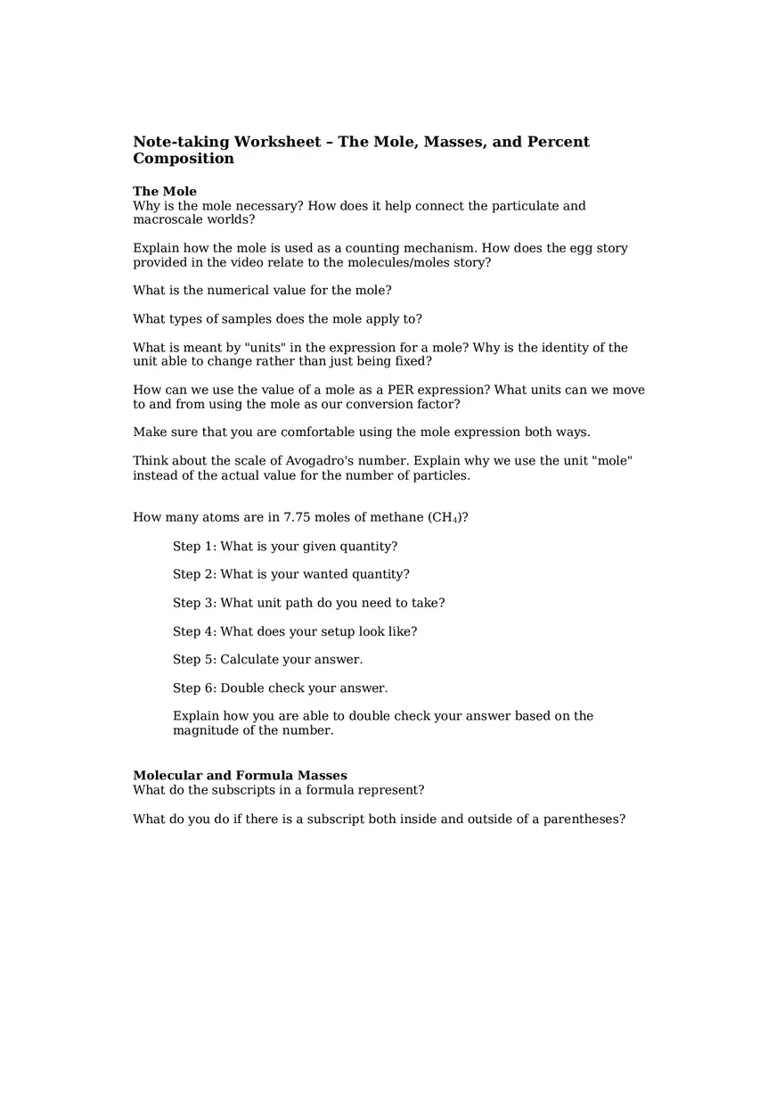 The Mole, Masses, and Percent Composition - Page 1