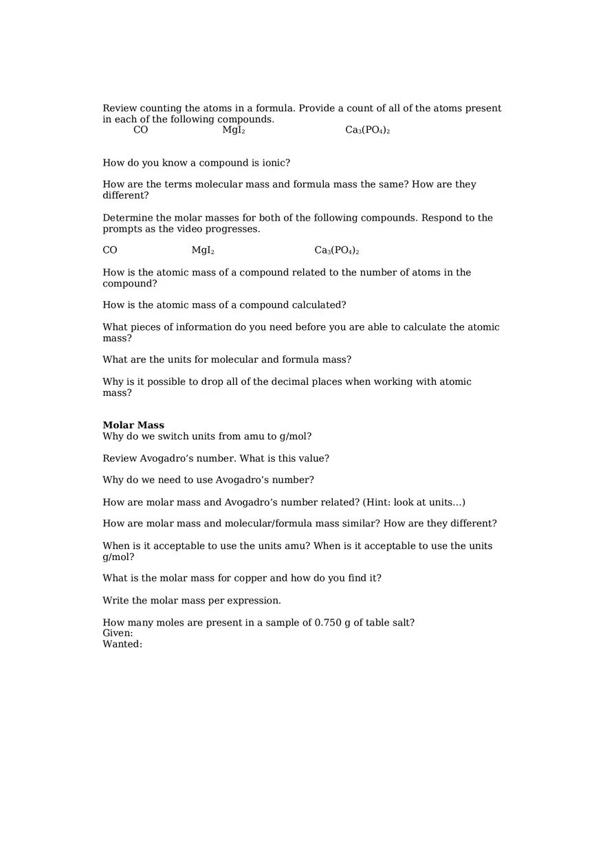 The Mole, Masses, and Percent Composition - Page 2