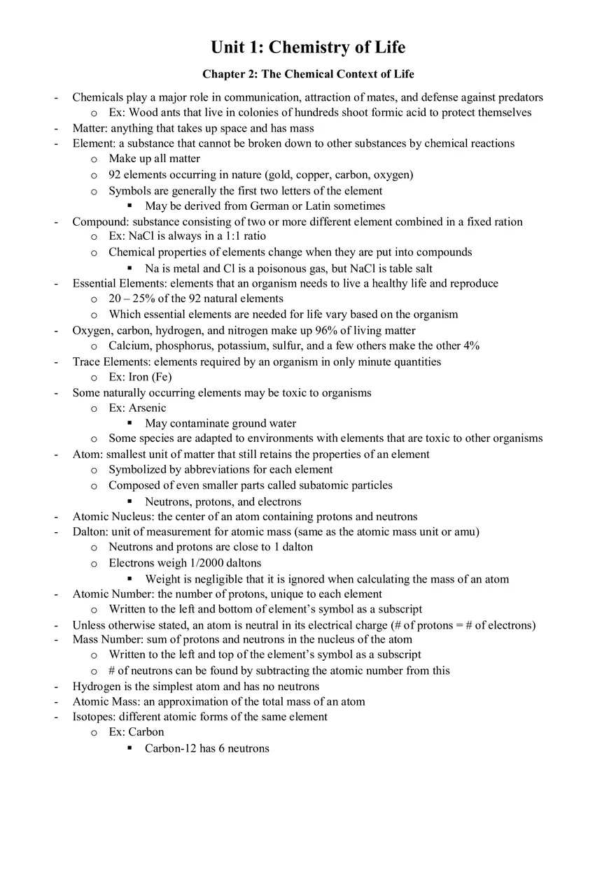 Chemistry of Life - Note - Page 1
