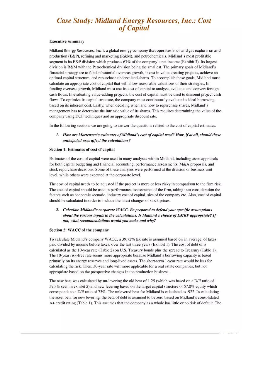 Midland Energy Resources, Inc. Cost of Capital - Page 1