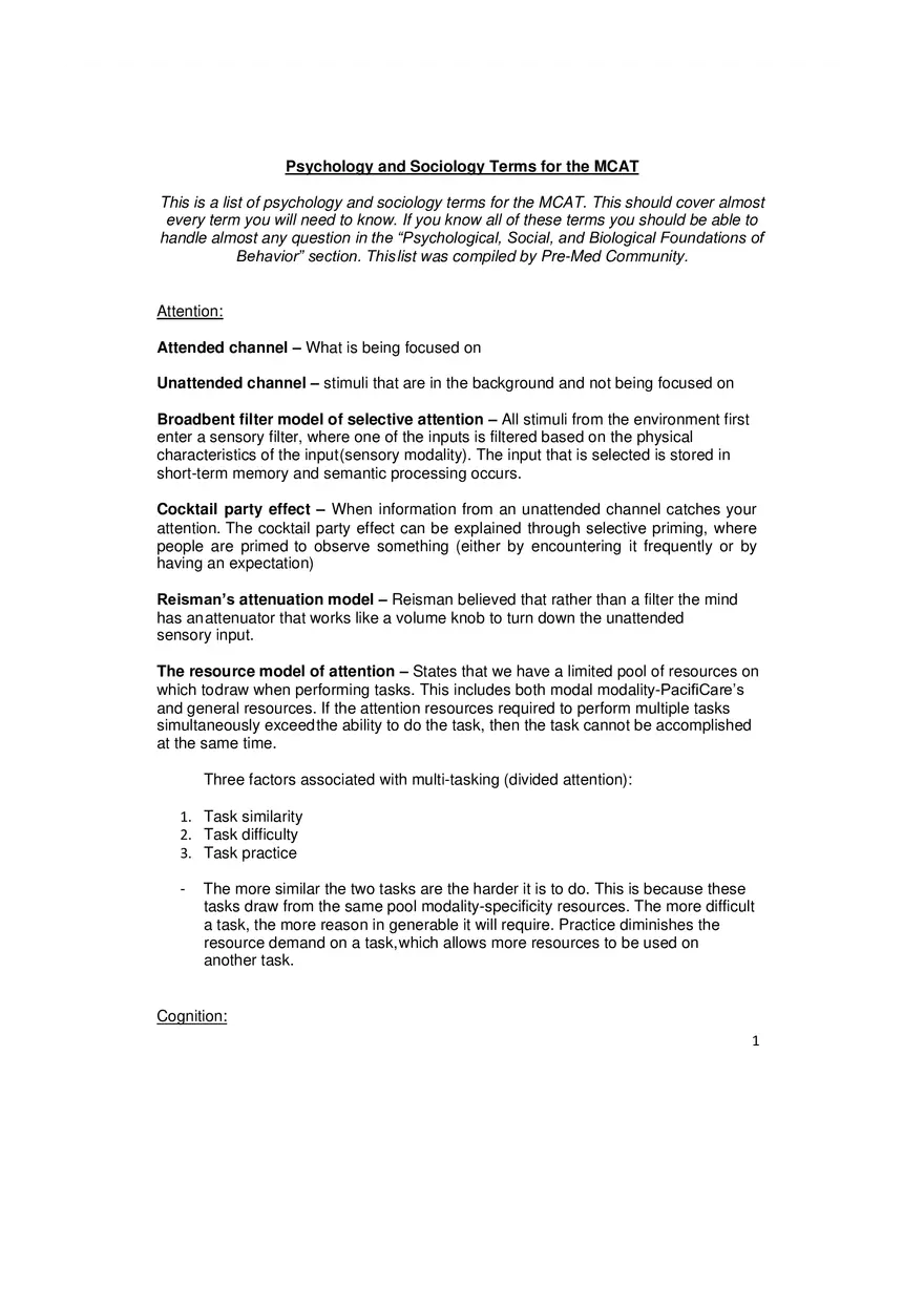 Psychology and Sociology Terms for the MCAT Part 1 - Page 1