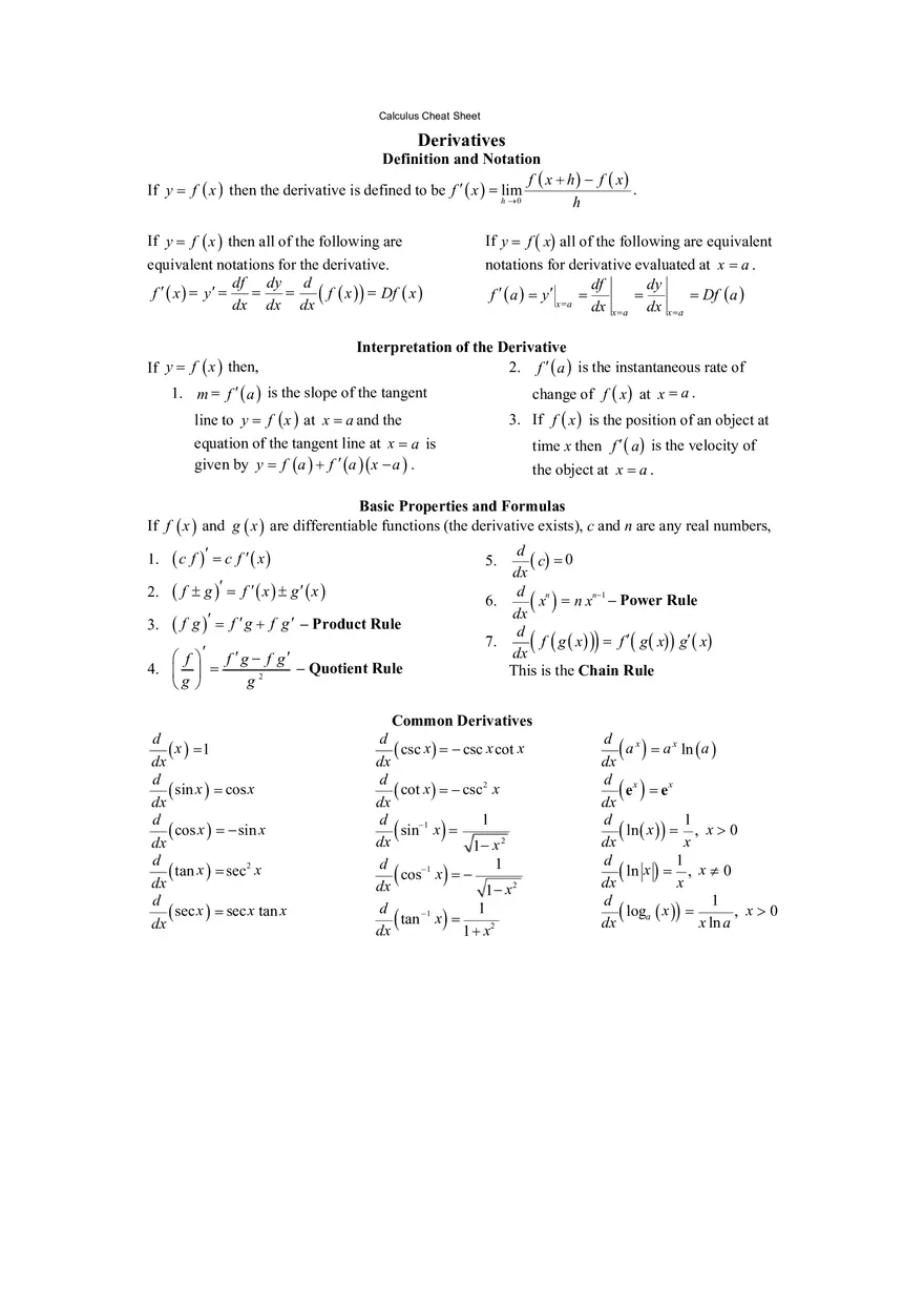 Calculus Cheat Sheet Derivatives (Definition and Notation) - Page 1