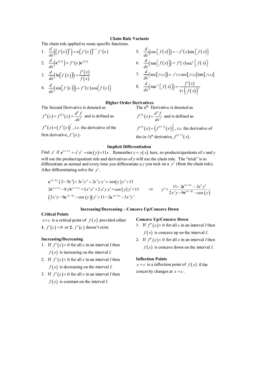 Calculus Cheat Sheet Derivatives (Definition and Notation) - Page 2