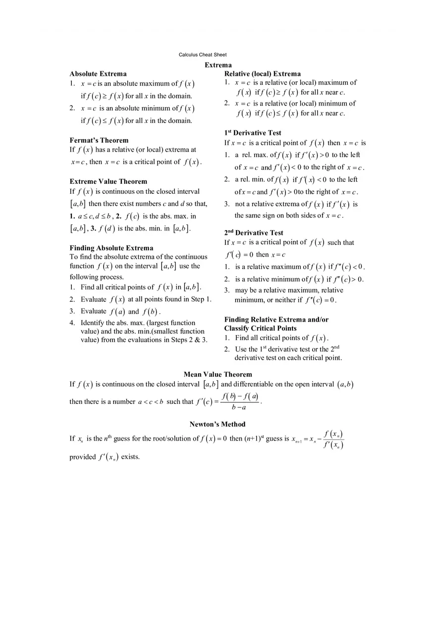 Calculus Cheat Sheet Derivatives (Definition and Notation) - Page 3