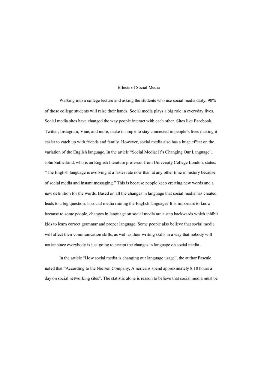 Effects of Social Media Argumentative Essay - Page 1