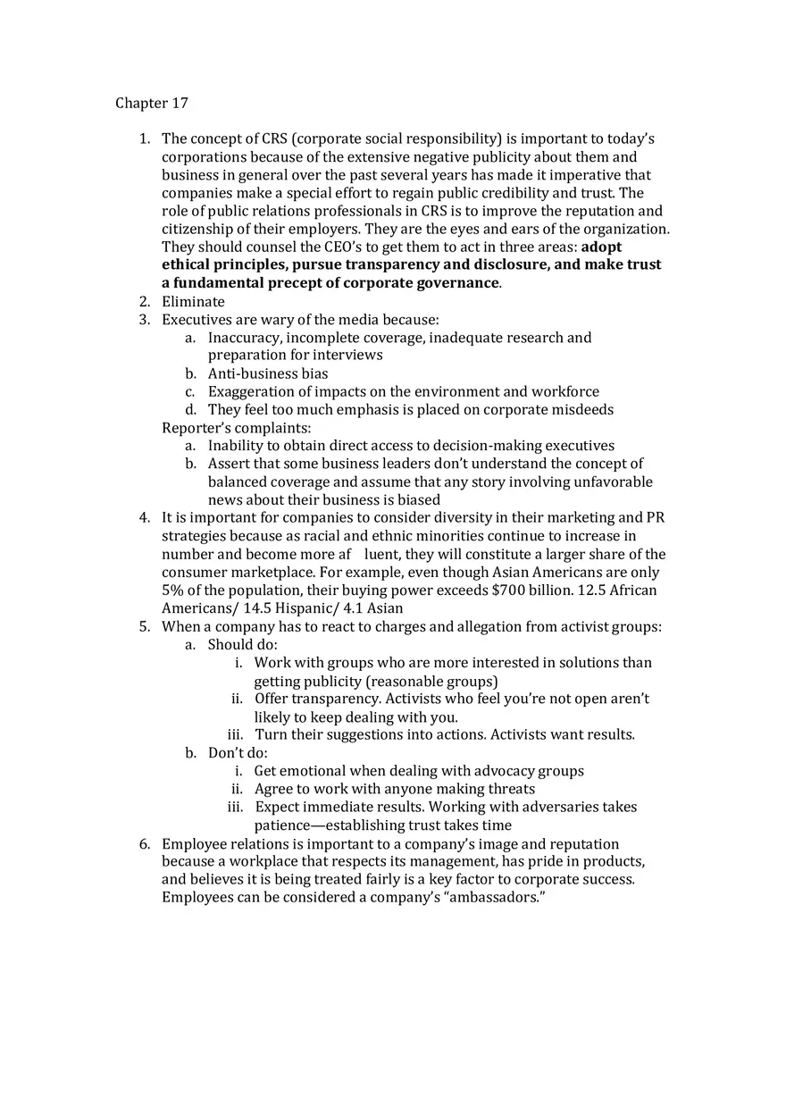 Principles Of Public Relations - Lecture Notes Chapters 17-19 - Page 1