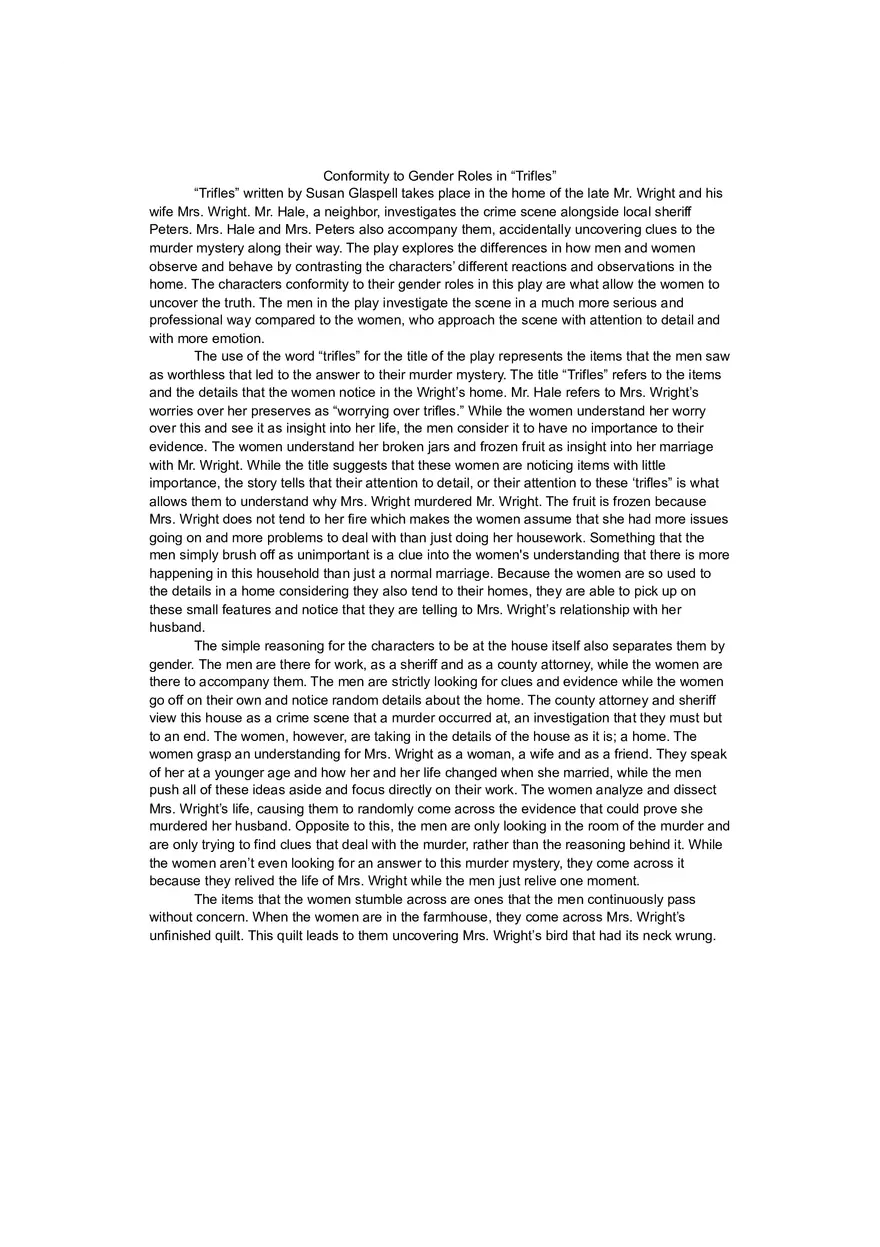 Analysis of Trifles Story and Gender Roles In It - Page 1