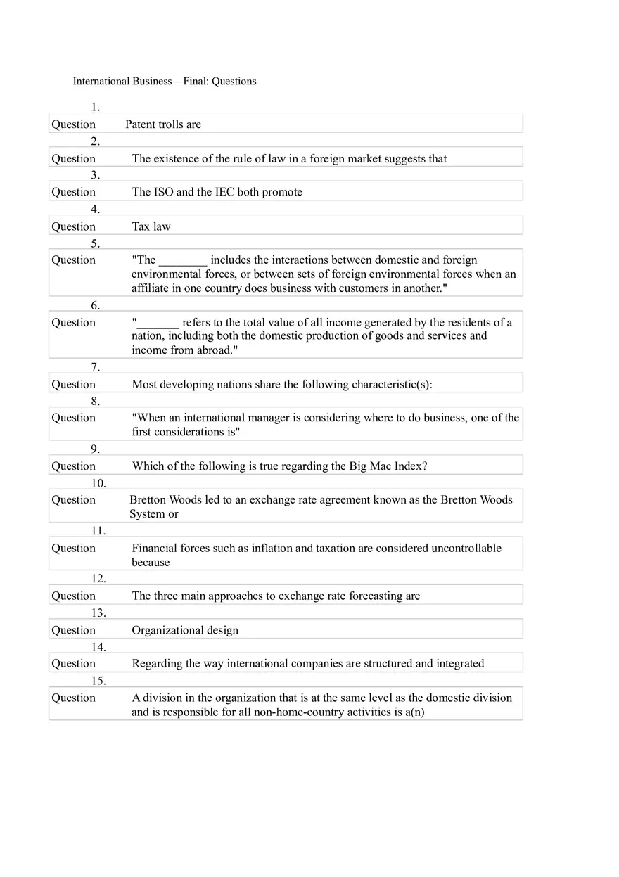 International Business - Final 100 Questions - Page 1