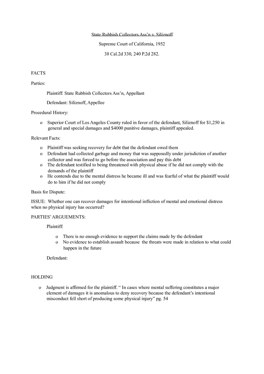 State Rubbish Collectors Ass'n Case Brief - Tort Law - Page 1
